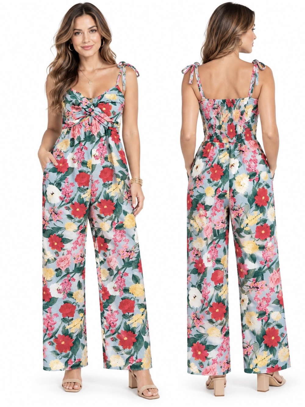 Old Navy M Floral Linen Jumpsuit Blue Pink Tropical Garden Tie Strap twist chic